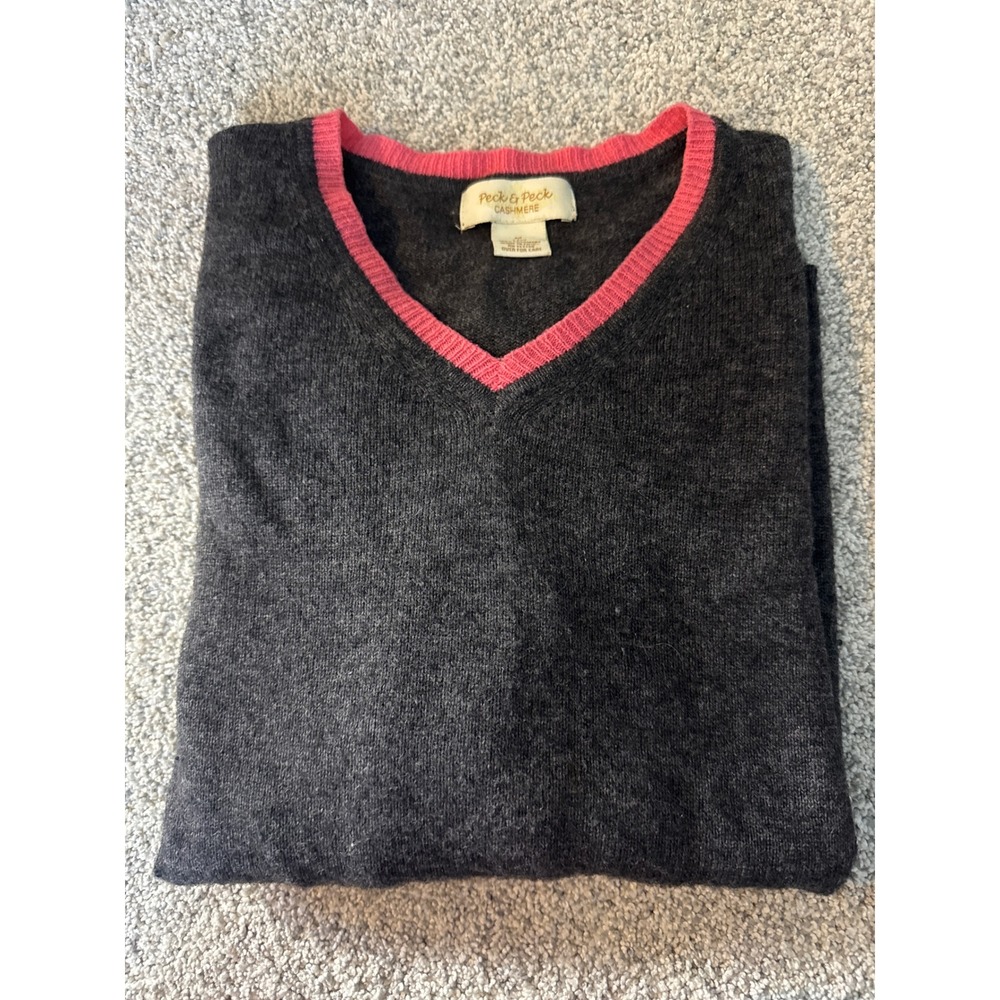 Peck & Peck 100% Cashmere 2-Ply V-Neck Sweater M Gray Pink Preppy Pullover